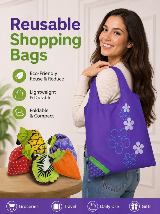 None Handbags - Pick One - Foldable Fruit Reusable Shopping Tote Bag with Carrying Pouch